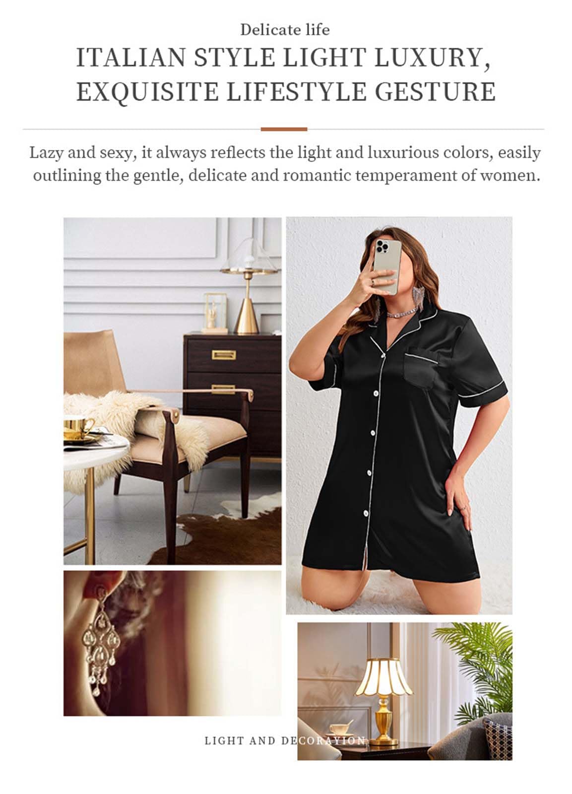 Camicie da Notte in Raso per Le Donne di Seta Pigiameria Pulsante Giù Sleepshirt Manica Corta Scollo a v Camicie con Tasche