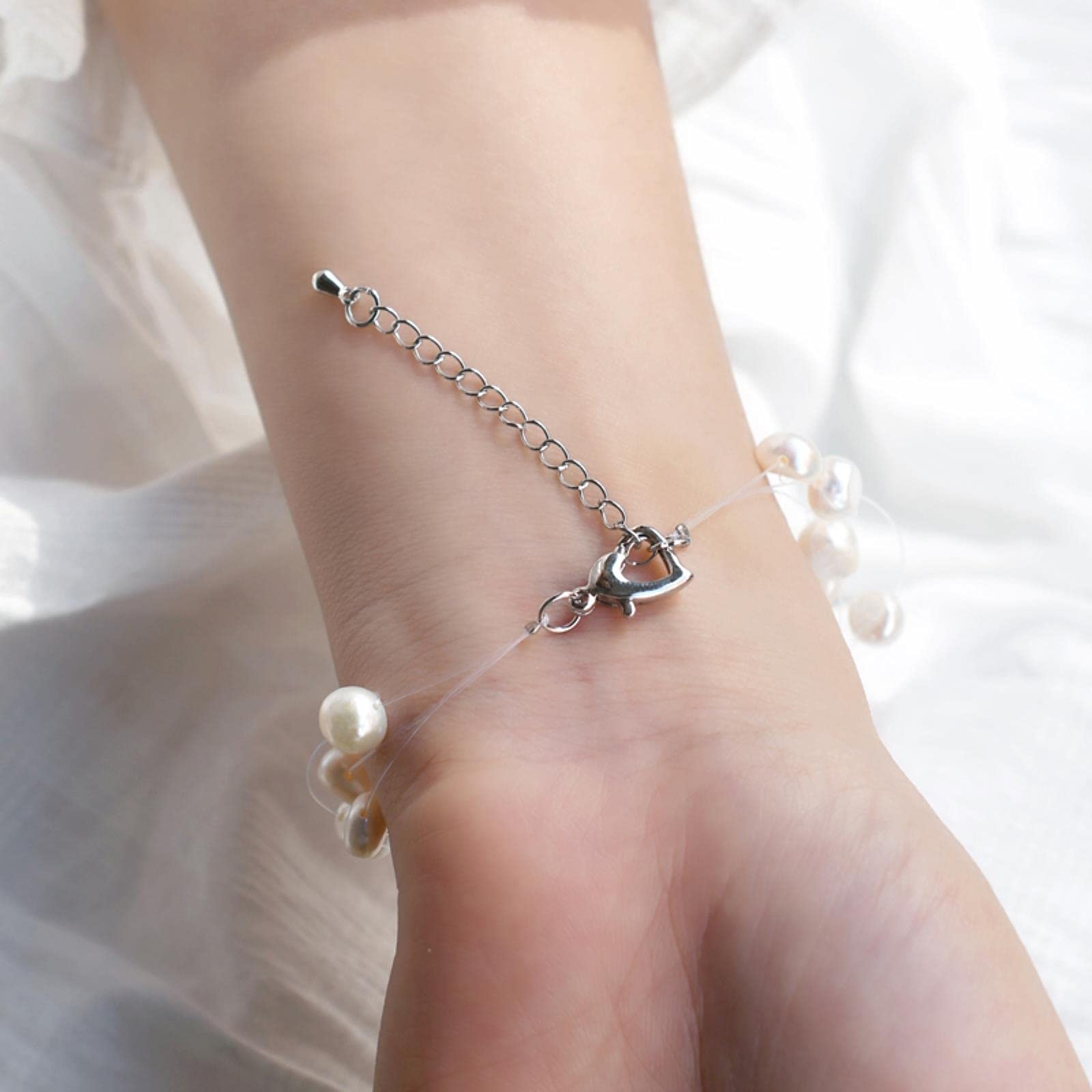 SALAN Bracciale Elastico Con Perle D'acqua Dolce Naturali 6-7 Mm, Per Donna E Ragazza, Lunghezza Regolabile 16-20 Cm