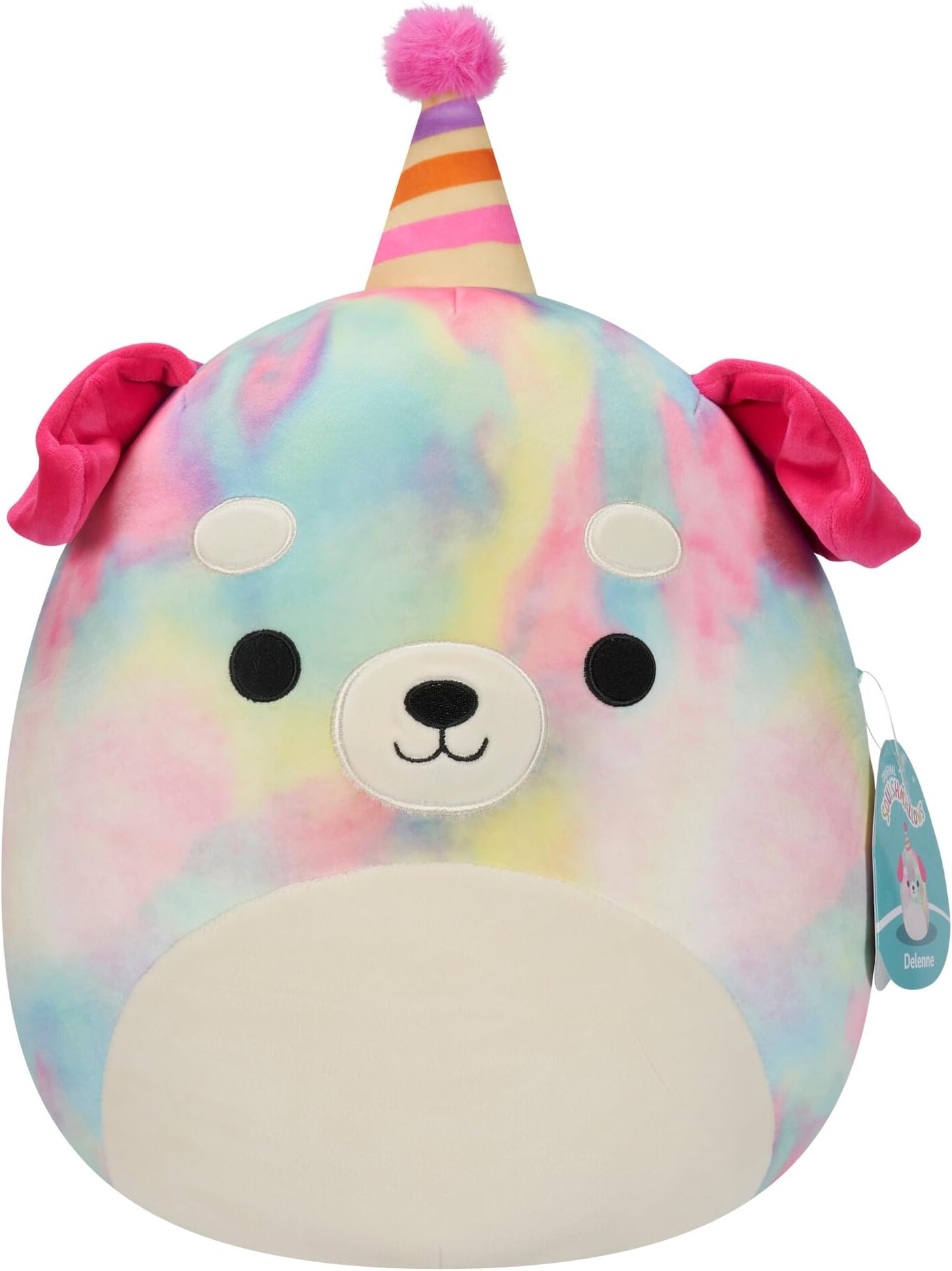 Original 12-Inch Delenne The Rainbow Tie-Dye Dog with Party Hat - Official Jazwares “Happy Birthday” Plush (Medium-Sized)