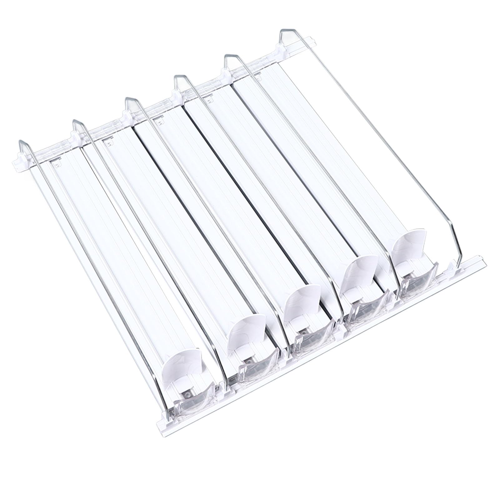 Organizador de bebidas ajustable con resorte para refrigerador, dispensador de latas de refresco con barra de empuje y riel deslizante, reabastecedor automático de bebidas para lat (Blanca)