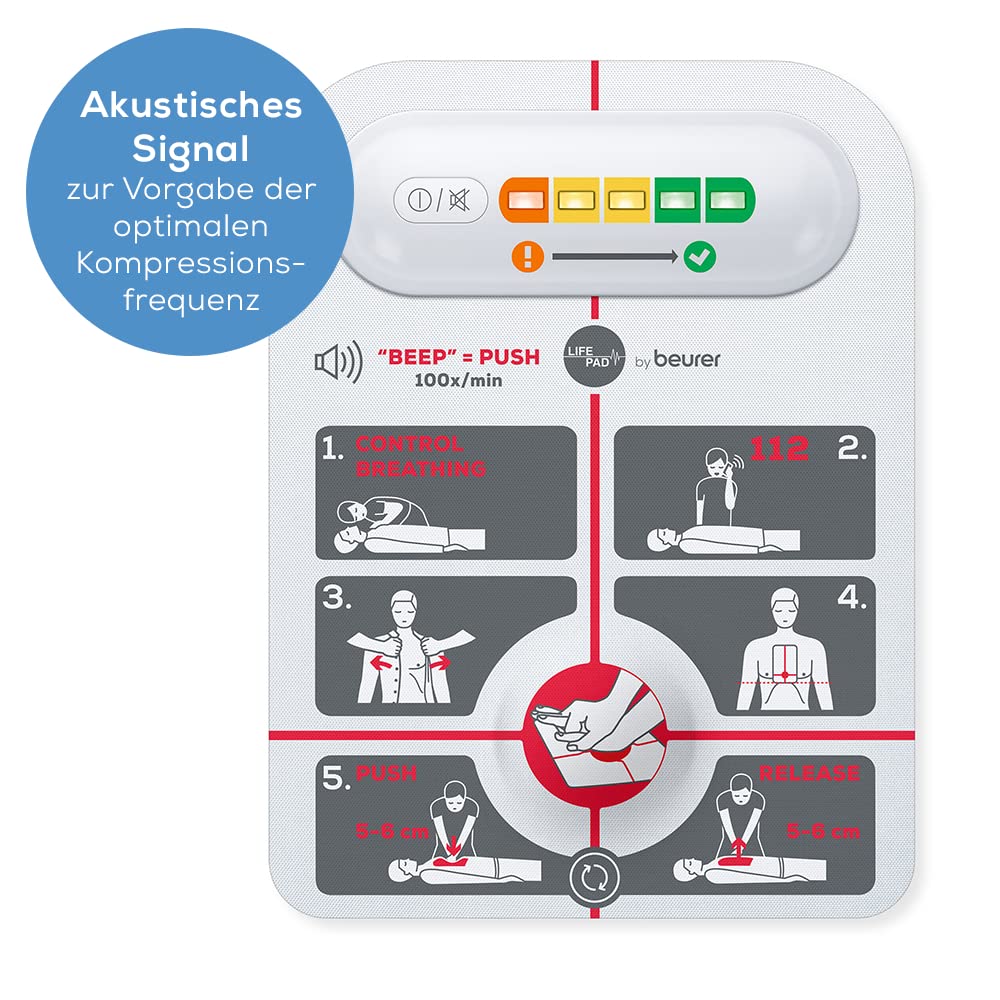 LifePad by Beurer, Reanimationshilfe, leitet durch die Wiederbelebungsmaßnahmen, Vorgabe der optimale Kompressionsfrequenz und des Kompressionsdrucks, Hilfe zur korrekten Positionierung