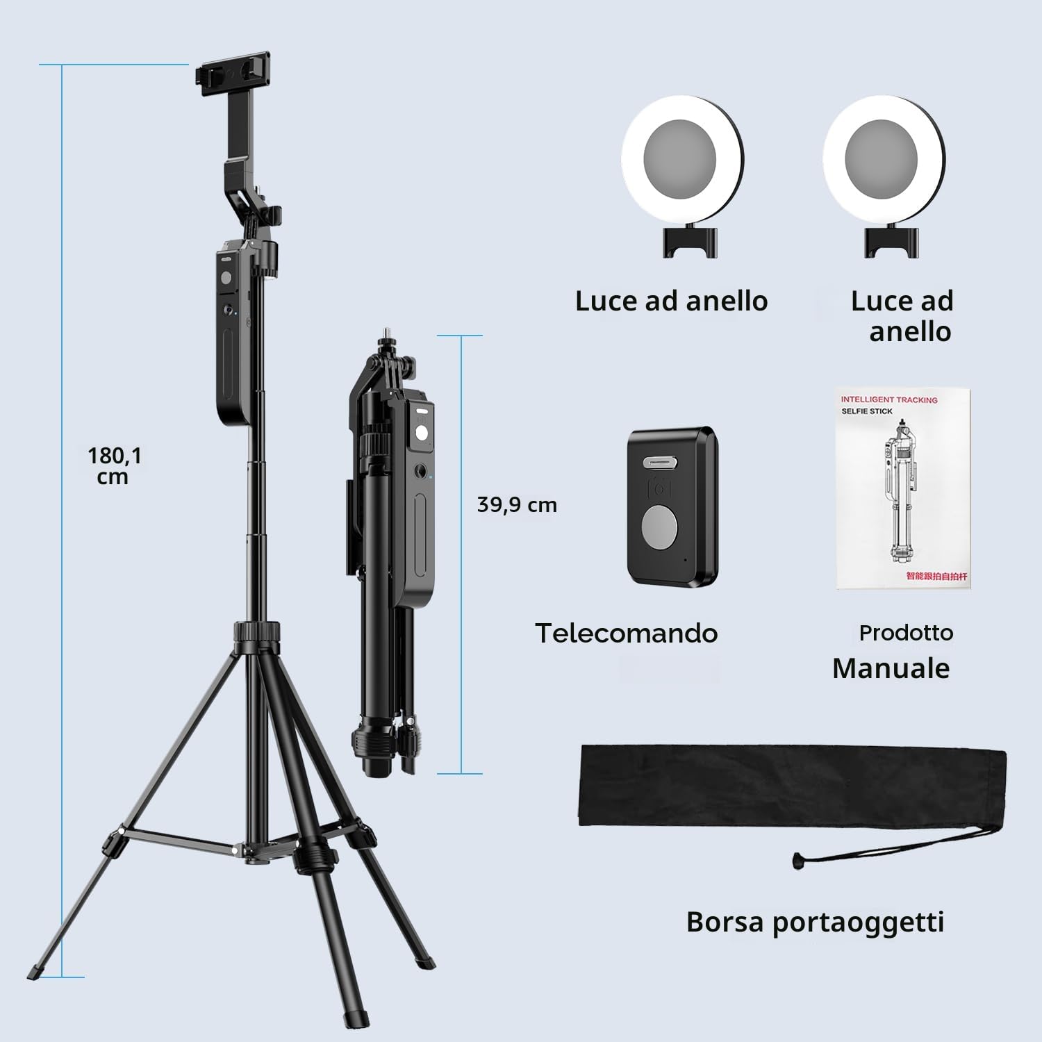 yAyusi Treppiede per Tracciamento Automatico del Viso con Luce, 360° Rotazione 180CM Selfie Stick Treppiede con Telecomando, Supporto per Fotocamera Telefono con Sensore di Movimento per Vlog/Video