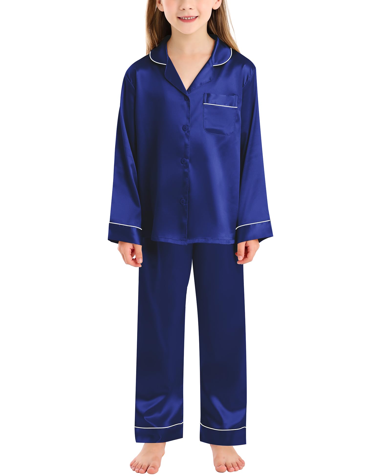 SWOMOGKids Silk Pyjamas Girls Boys Satin Pyjama Set 2 Piece Button-Down PJs Sets Soft Lounge Long Sleeve Sleepwear Set