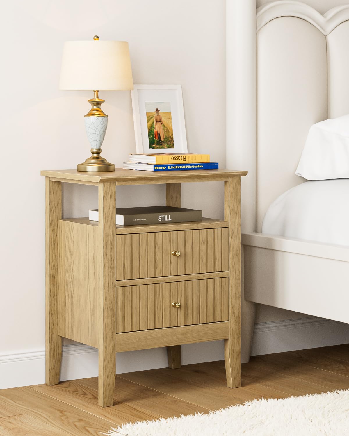 HEYZOEY Mesita de noche retro con 2 cajones, mesita de noche de madera maciza, estilo bohemio, para dormitorio, salón, roble miel