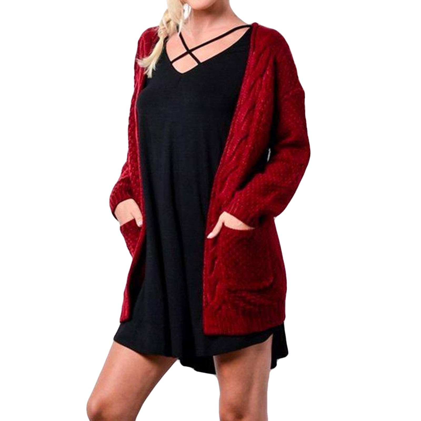 Summer Cardigans Women's Fall and Winter Solid Color Medium Long Loose Plus Size Double Pocket Kink Texture Suitable for Daily Travel Lohas Time Cardigan Open Front Cardigans for Women