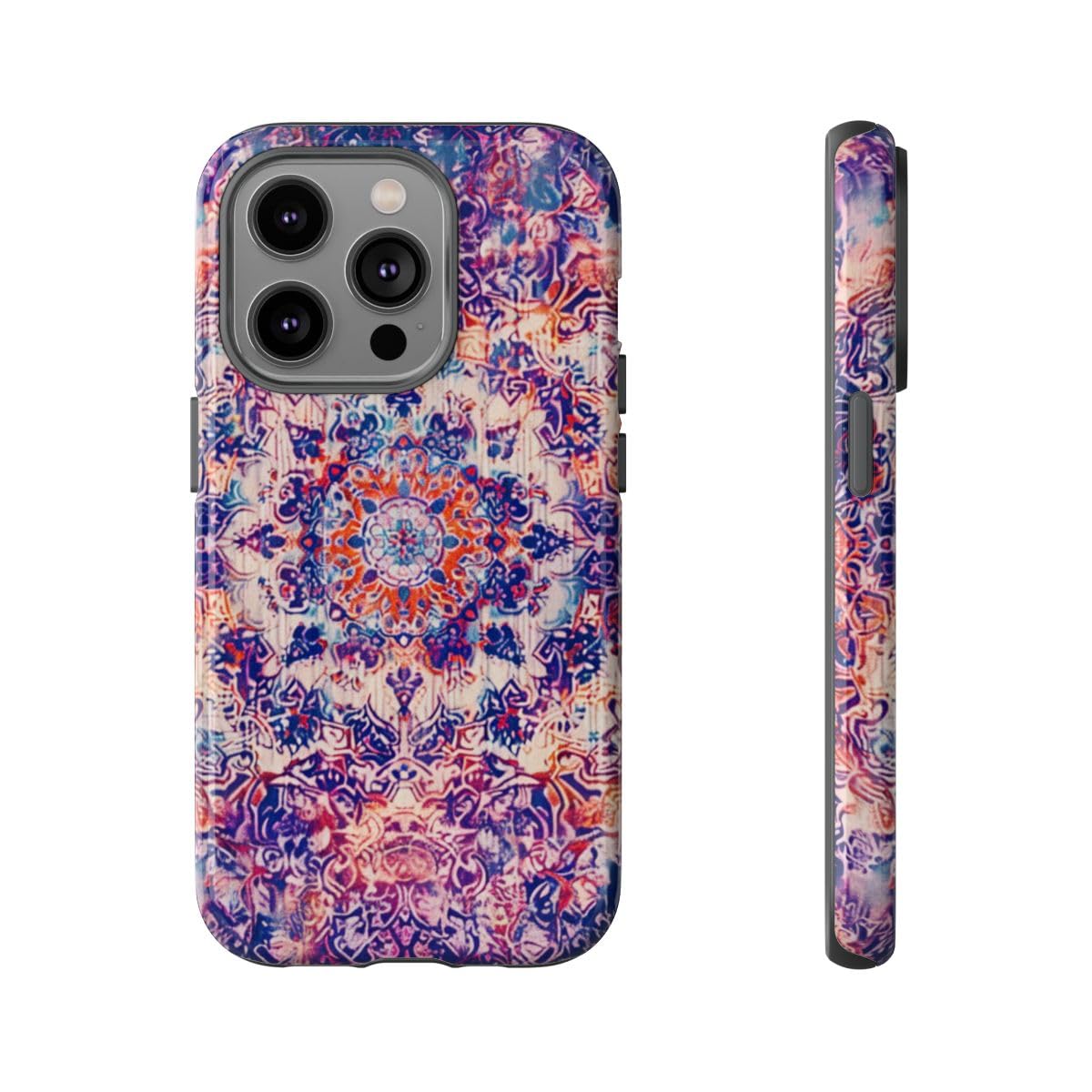 Coque rigide brillante iPhone 14 Pro motif oriental violet de haute précision