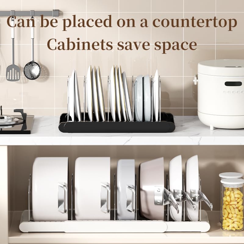 Estante organizador de ollas expandible para gabinete, soporte para tapa de olla con 7 compartimentos ajustables para gabinete de cocina, utensilios de cocina, estante para freír, albaricoque 5