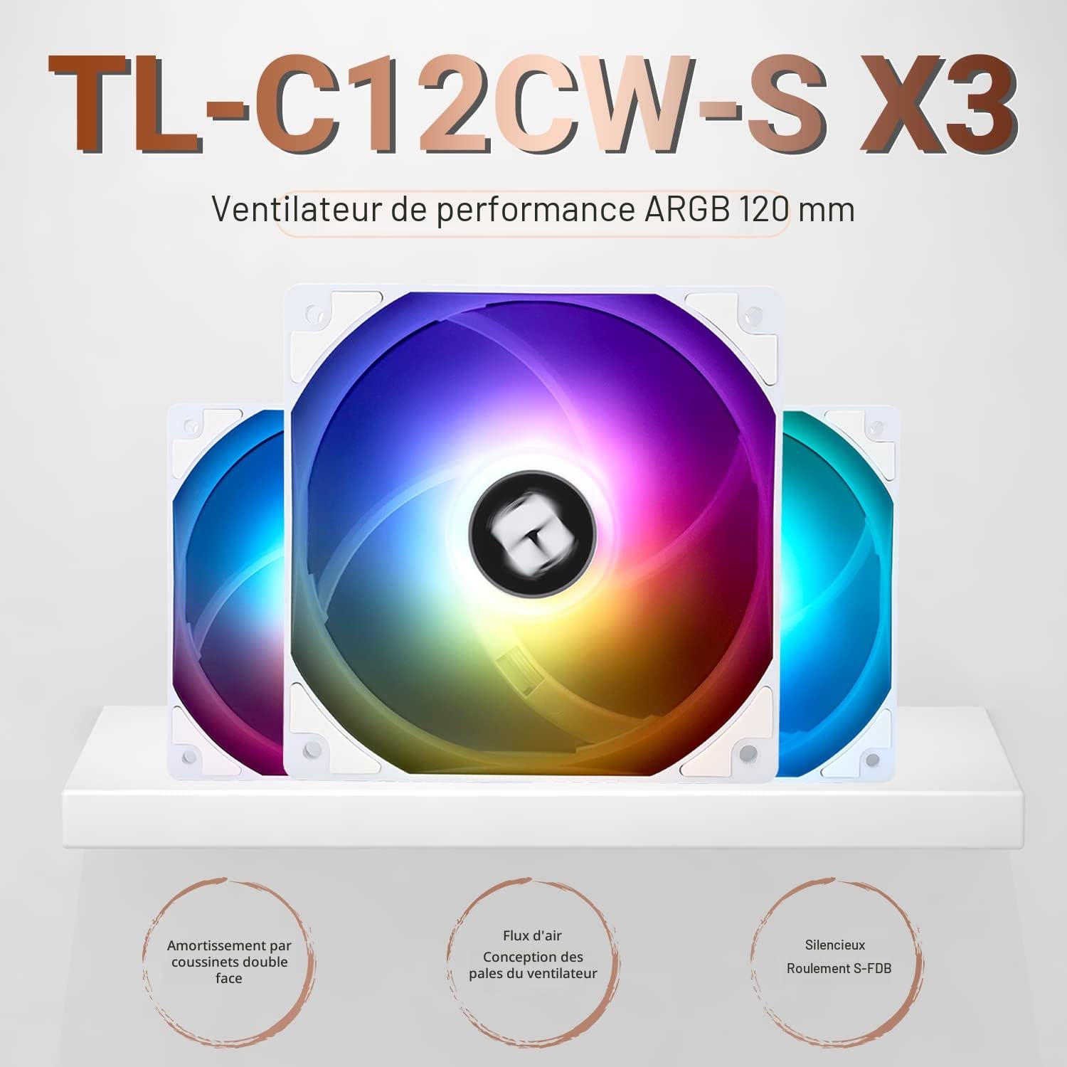 Thermalright TL-C12CW-S X3 Ventilateur de CPU 120 mm Blanc ARGB Ventilateur de boîtier 4 broches PWM silencieux avec roulement S-FDB inclus, ventilateur jusqu'à 1550 tr/min (3 pièces)