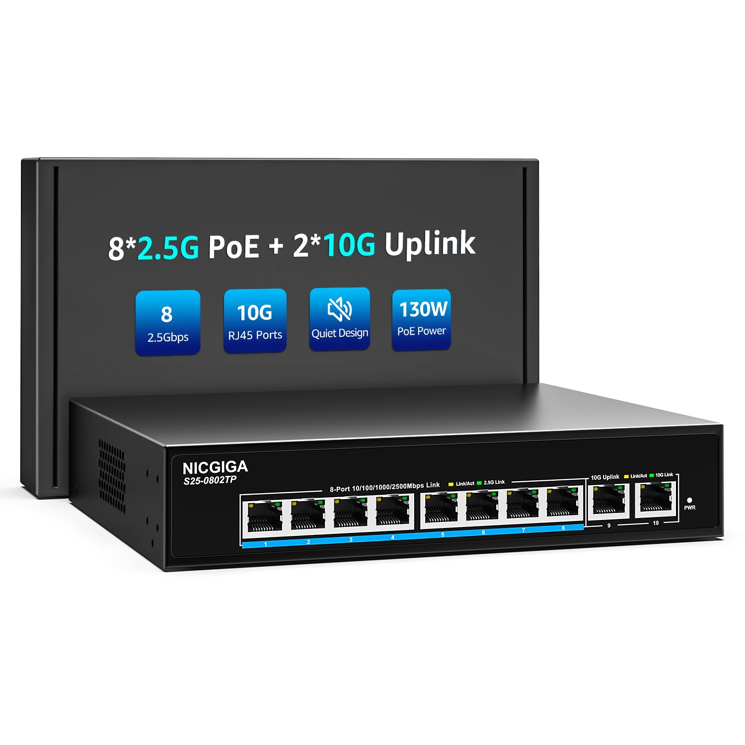 NICGIGA Switch PoE 2.5G No Gestionable 10 Puertos, 8X PoE+ 2.5G Base-T (130W), 2X Uplink 10G RJ45, Switch Ethernet Gigabit IEEE 802.3af/at para Punto de Acceso WiFi 6, NAS, NVR, Cámara 4K
