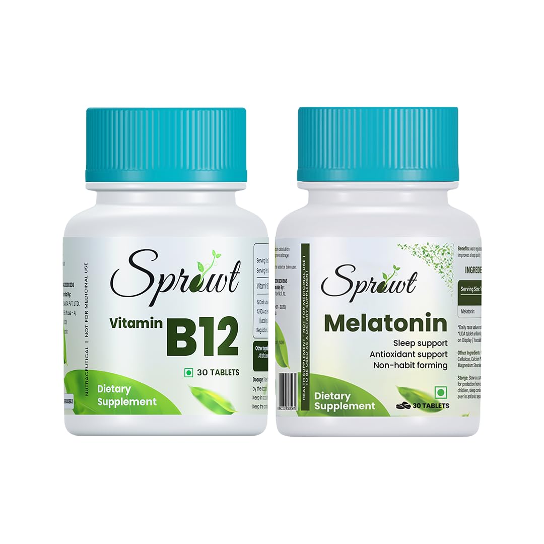 Sprowt Sleep & Nerve Health Combo – Non-Habit Forming Melatonin 10mg Tablets (30 Veg) + Plant-Based Vitamin B12 Methylcobalamin Supplements (30s)-picture-16