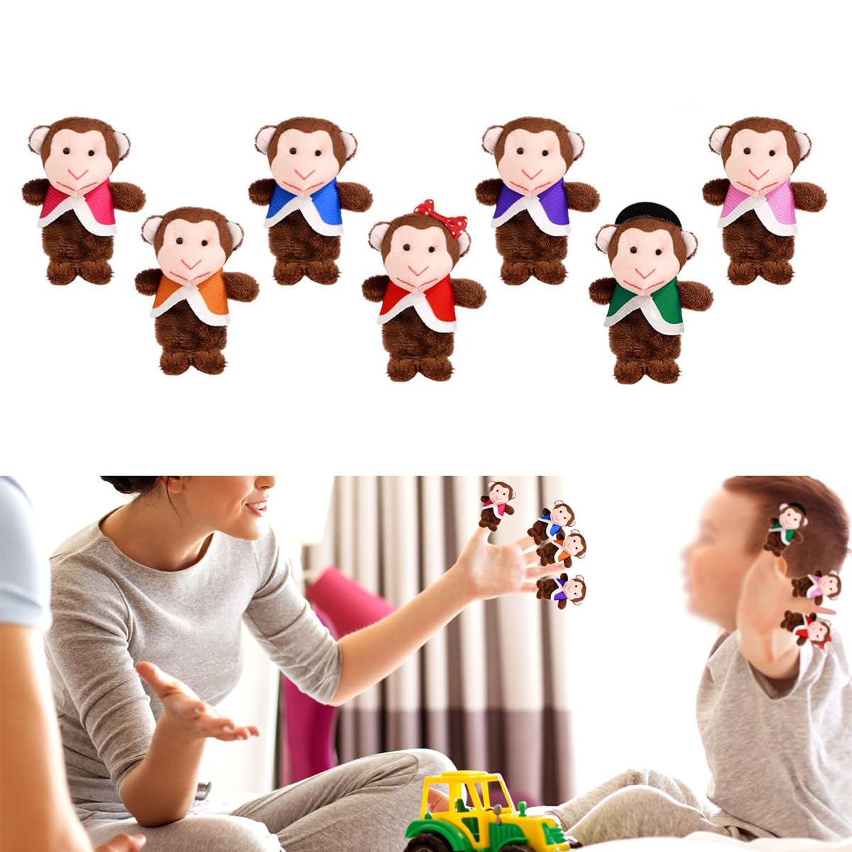 1 Juego de 7 Marionetas de Dedo de Mono pequeño Adecuado para la Hora del Cuento, la Hora del Juego, el Aula y el Juego de Roles teatral.