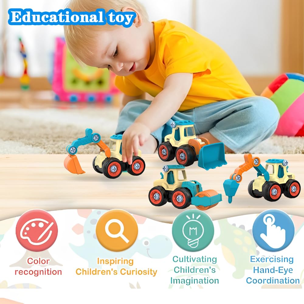 Juguetes de Vehículos de Construcción 4 en 1 para Niños a Partir de 2 Años, Set de Excavadoras DIY con Destornillador, Desmontar Camión de Ingeniería para Niños, Niños