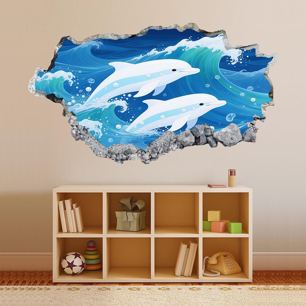 3D Wandtattoo Wanddurchbruch, Delphin Durchbruch Wandaufkleber für Kinderzimmer, sticker für Wohnzimmer, Blaue Wellen Wandsticker, Wandbild Junge Mädchen Schlafzimmer