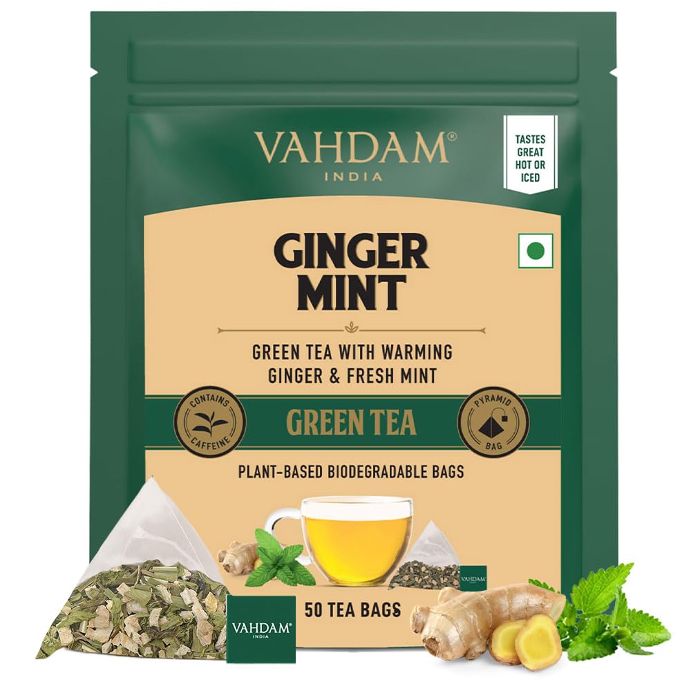 VAHDAM, Ginger Mint Green Tea Bags (50 Count) Med Caffeine, Non-GMO, Gluten-Free, Naturally High Grown Green Tea | Whole Loose Leaf Tea Bags | Resealable Ziplock Pouch