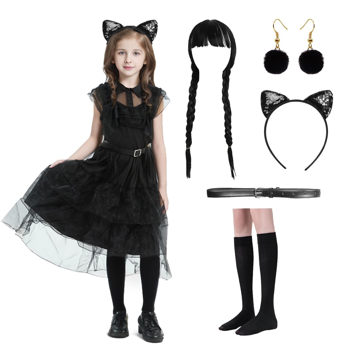 Ansamy Disfraz de Miércoles Niñas y Mujer, Disfraz Niña, Vestido de Miércoles Niña, Cosplay Trajes Góticos, Disfraz de Gótica de Colegiala para Fiestas