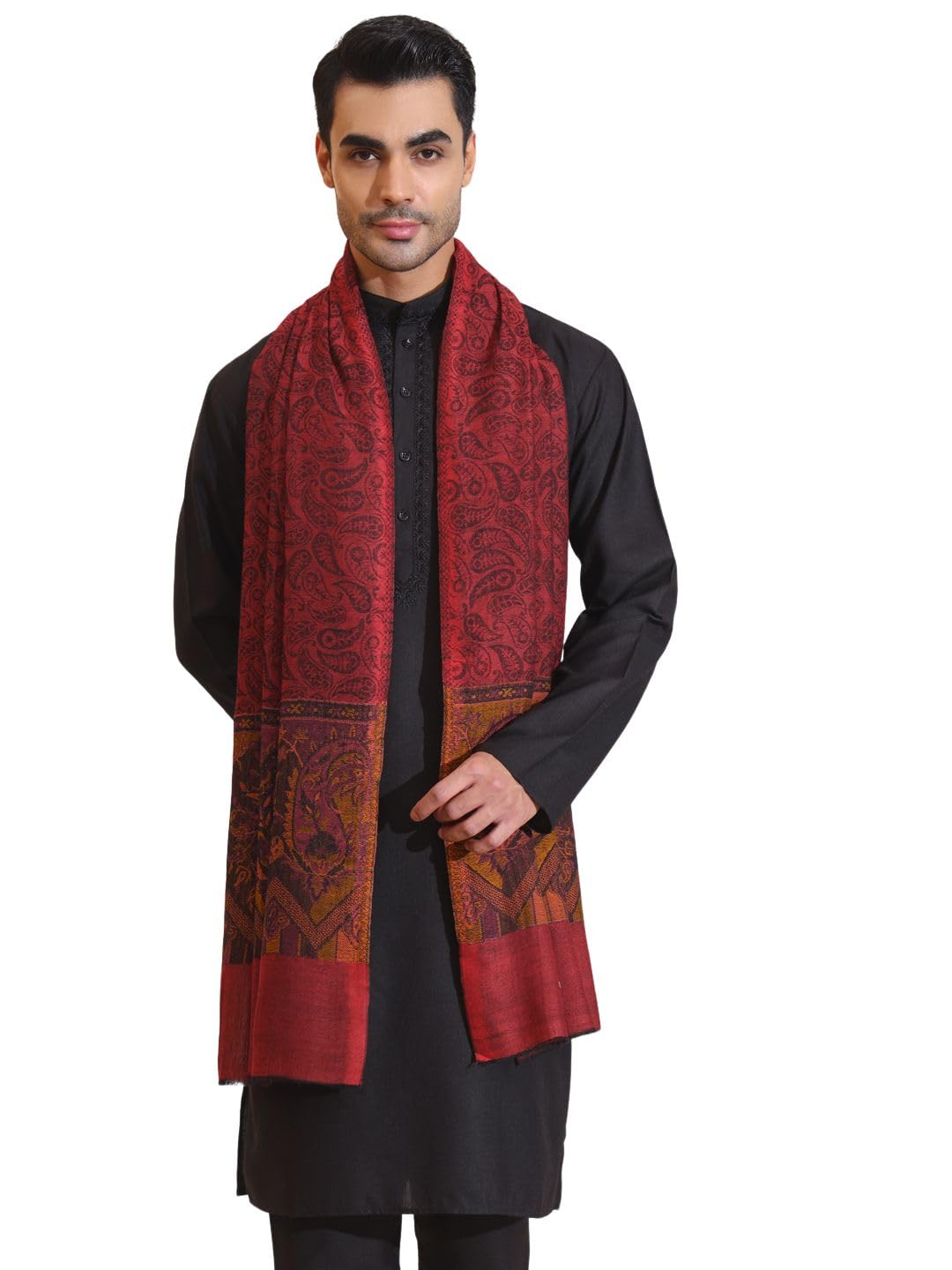 zamour Pure Wool Kani Paisley Border Stole for Men, Cashmere Feel Pashmina Mens Muffler Shawl for Winter-picture-29