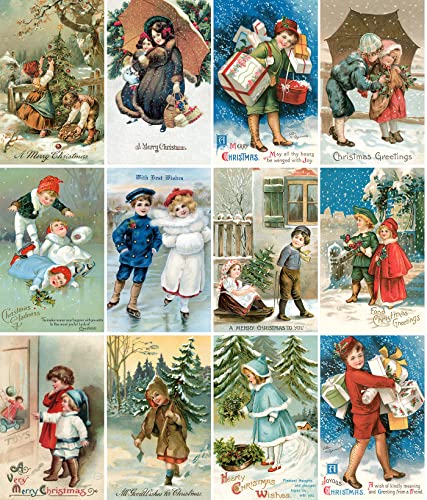 Image of PIXILUV CHRISTMAS FUN (Pack of 12) Notecards Small Greeting Cards # Children Delivering Presents and Christmas Cheer ~ Vintage Christmas Postcards Reprint