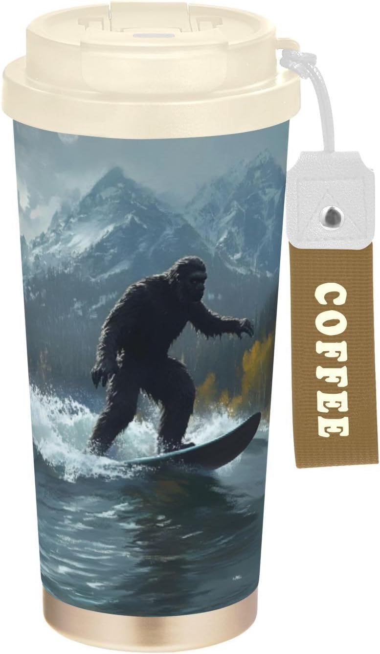 Sasquatch Wild Forest Insulated Coffee Mug with Straw & Flip Lid, 16.9oz Iced Tumbler Cup, Double Wall Vacuum Mug for Travel Office