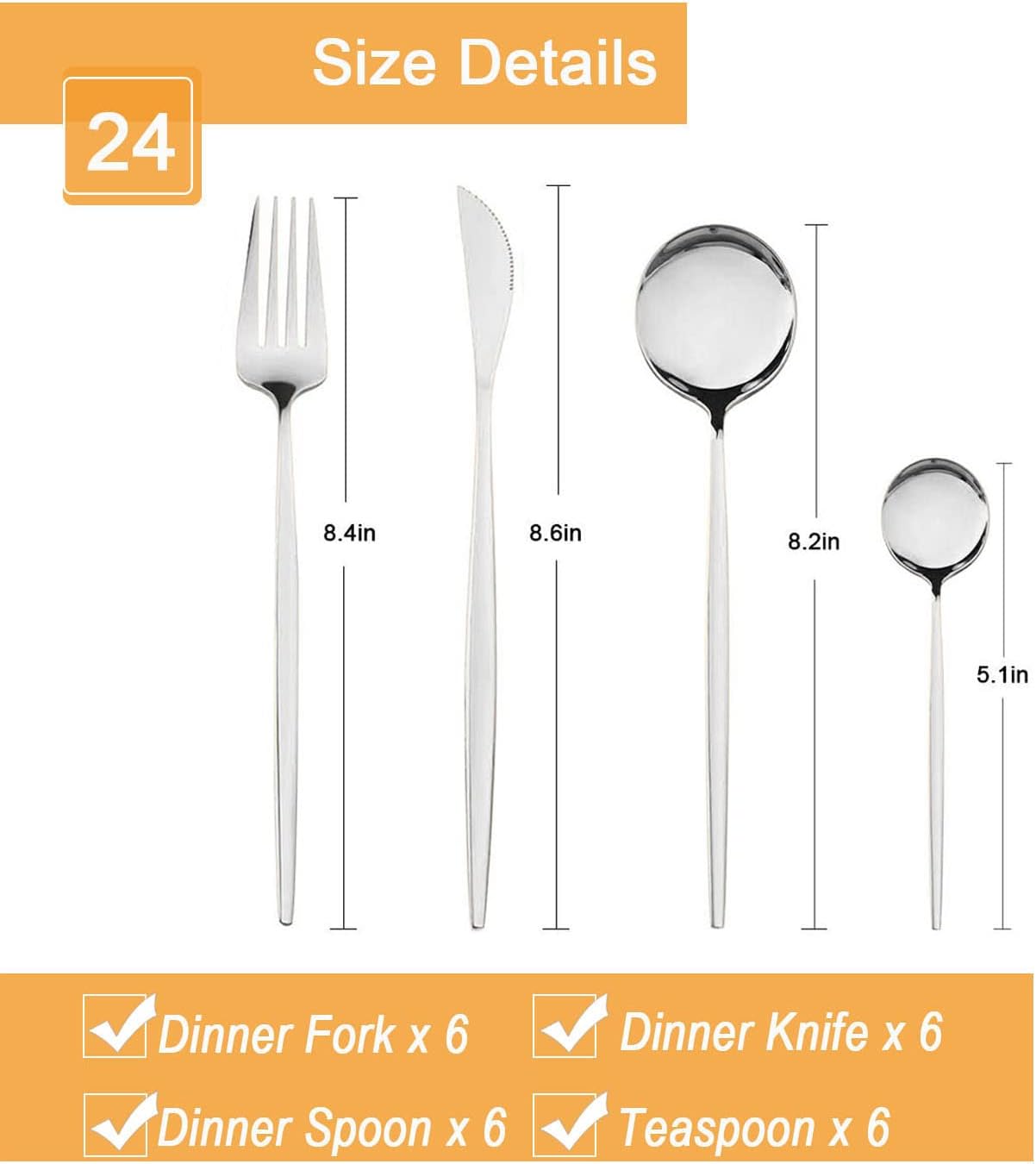 24-Piece Silver Korean Silverware Sets Mirror Polished Stainless Steel Modern Flatware Cutlery Set Service for 6 Including Forks Spoons Knives Kitchen(Silver)