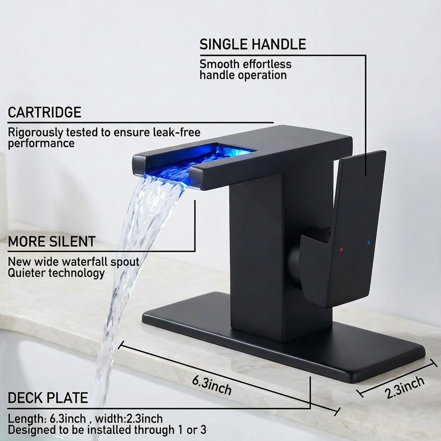 LED Bathroom Sink Faucet, Matte Black Waterfall Single Hole Handle Vanity Faucets for Sinks 1 Hole with Metal Pop Up Drain and 2 Water Supply Lines, Side Handle