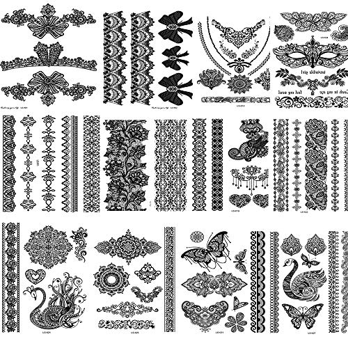 JinSu 12 Fogli Tatuaggio Temporaneo Nero, Adesivi Tatuaggi Temporanei, Impermeabili Tatuaggio, diversi modelli, Diversi Modelli Fiore Pizzo