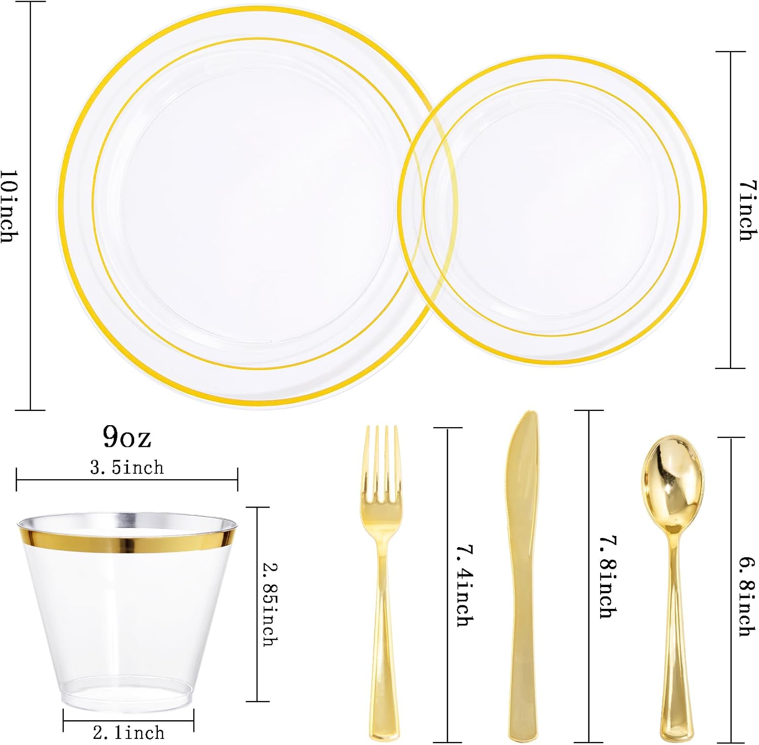 bUCLA 300Pcs Clear Gold Plastic Disposable Dinnerware Set - Clear Plates with Gold Trim Include 50 Dinner / 50 Dessert Plates,50 Cups,150 Plastic Silverware Set for Party - Image 2