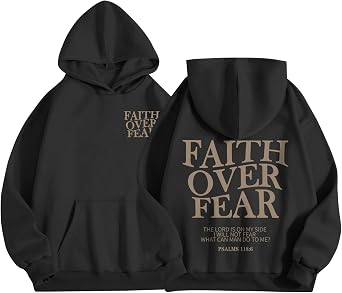 Wrenpies Faith Over Fear Hoodie for Women Christian Jesus Bible Verse Sweatshirt God Religious Oversized Tops