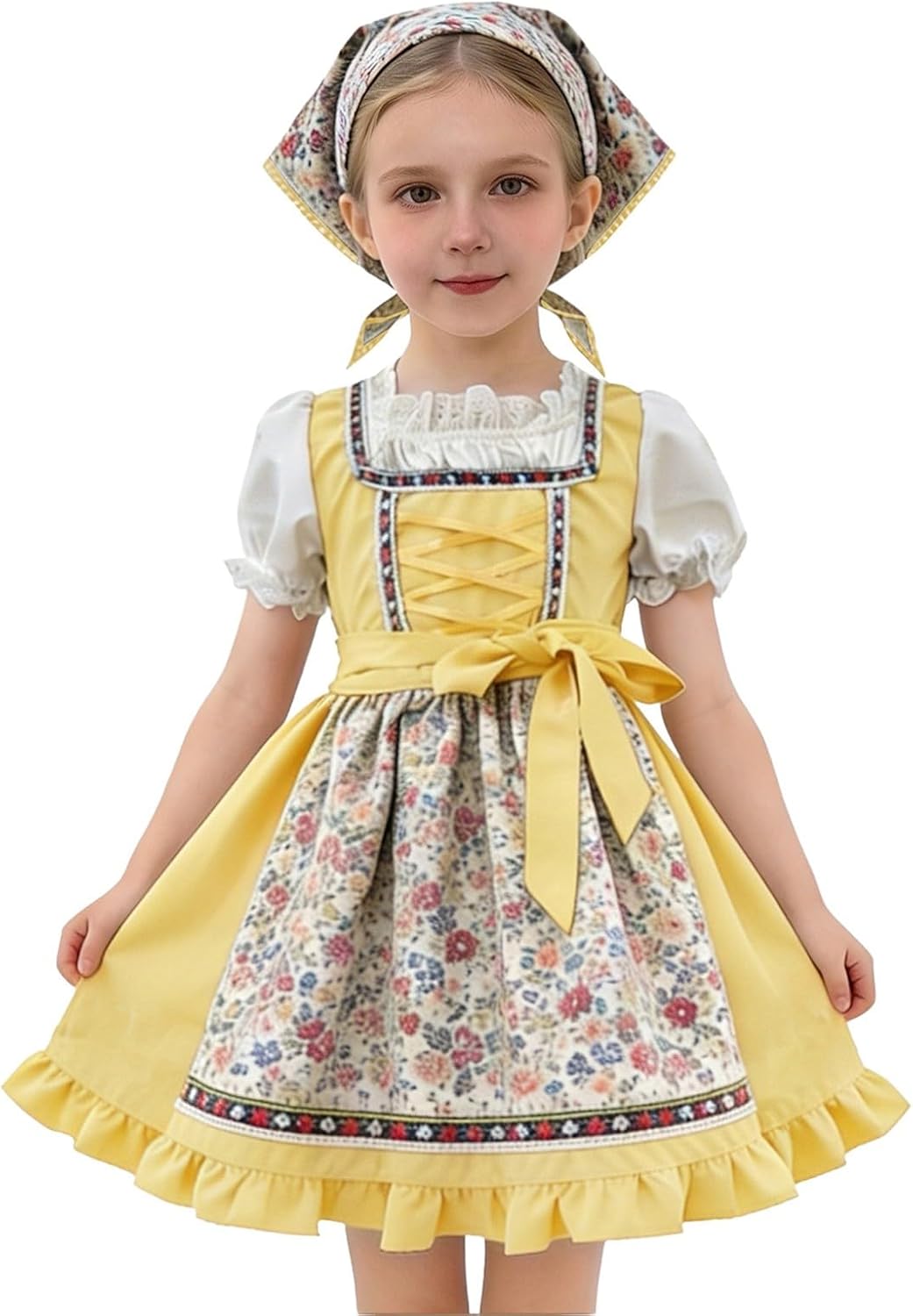 Girls German Oktoberfest Dress Bubble Short Sleeves Bow Belt Maid Dresses with Floral Apron Hair Accessories Teen