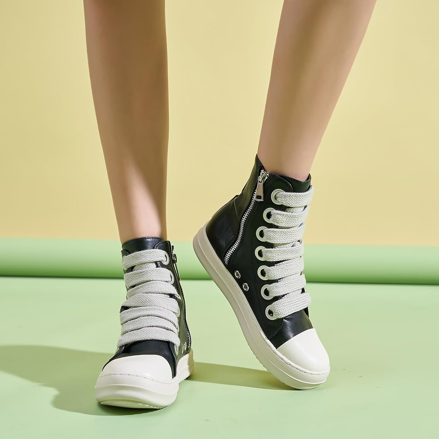 Kluolandi Fashion High Top Sneakers for Women Wide Lace Up Black White Platform Sneaker Shoes with Zipper - Image 2