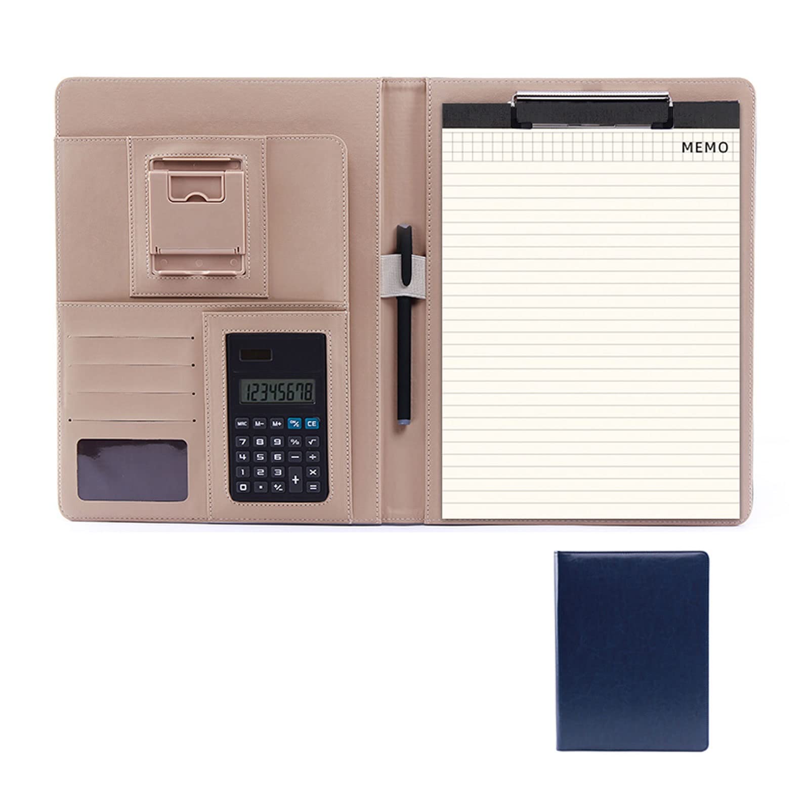 Porte-documents A4 en cuir PU bleu avec calculatrice intégrée pour l'organisation de bureau