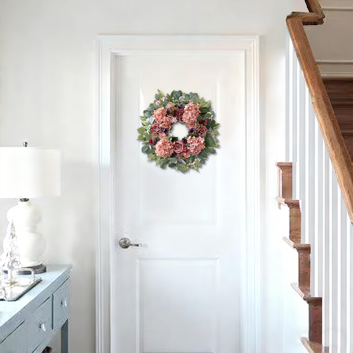 WANNA-CUL 24 Inch Spring Hydrangea Wreaths for Front Door,Spring Mothers Day Front Door Wreath with Pink Rose and Peony Flower for Valentines Day,Wedding or Indoor&Outdoor Decoration - Image 9