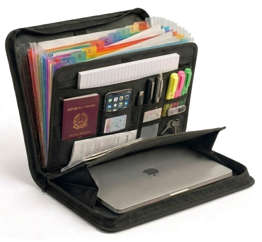 Cartella Portadocumenti in Eco Pelle Nera Porta Documenti A4 12 Slot Carte Organizer Ufficio Viaggio 36x26x5 cm