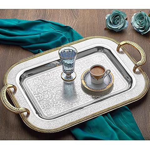 Silver Gold Turkish Tea Coffee Serving Tray Decorative Large with Handles for Party Table Vanity Bar Outdoor Dresser Cups Glasses Perfume Teapot Kitchen Jewelry Espresso Gift Women Metal Rectangular Cover
