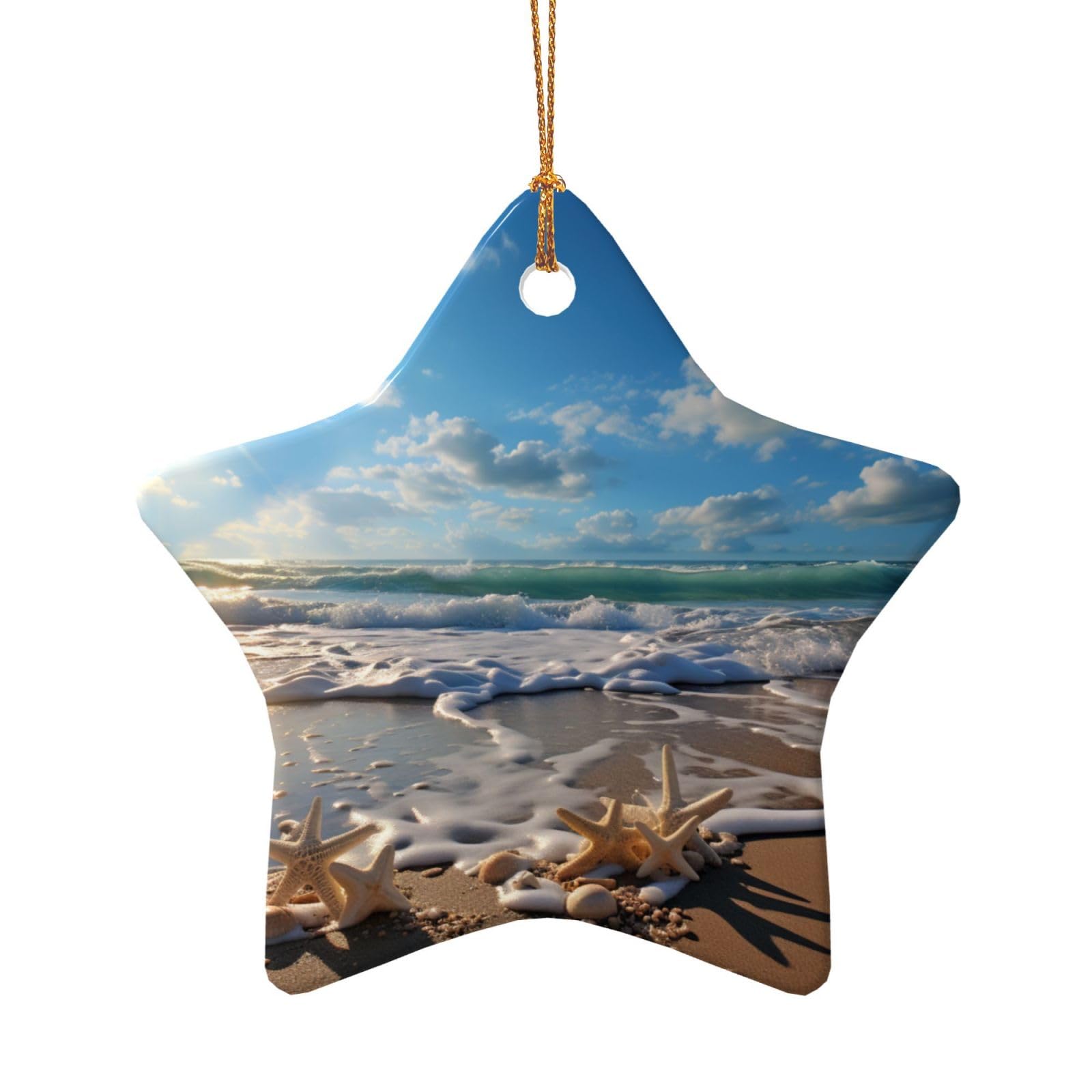 Starfish Seashell Sandy Beach Theme Print Christmas Ceramic Ornaments Christmas Tree Hanging Decor Indoor Outdoor