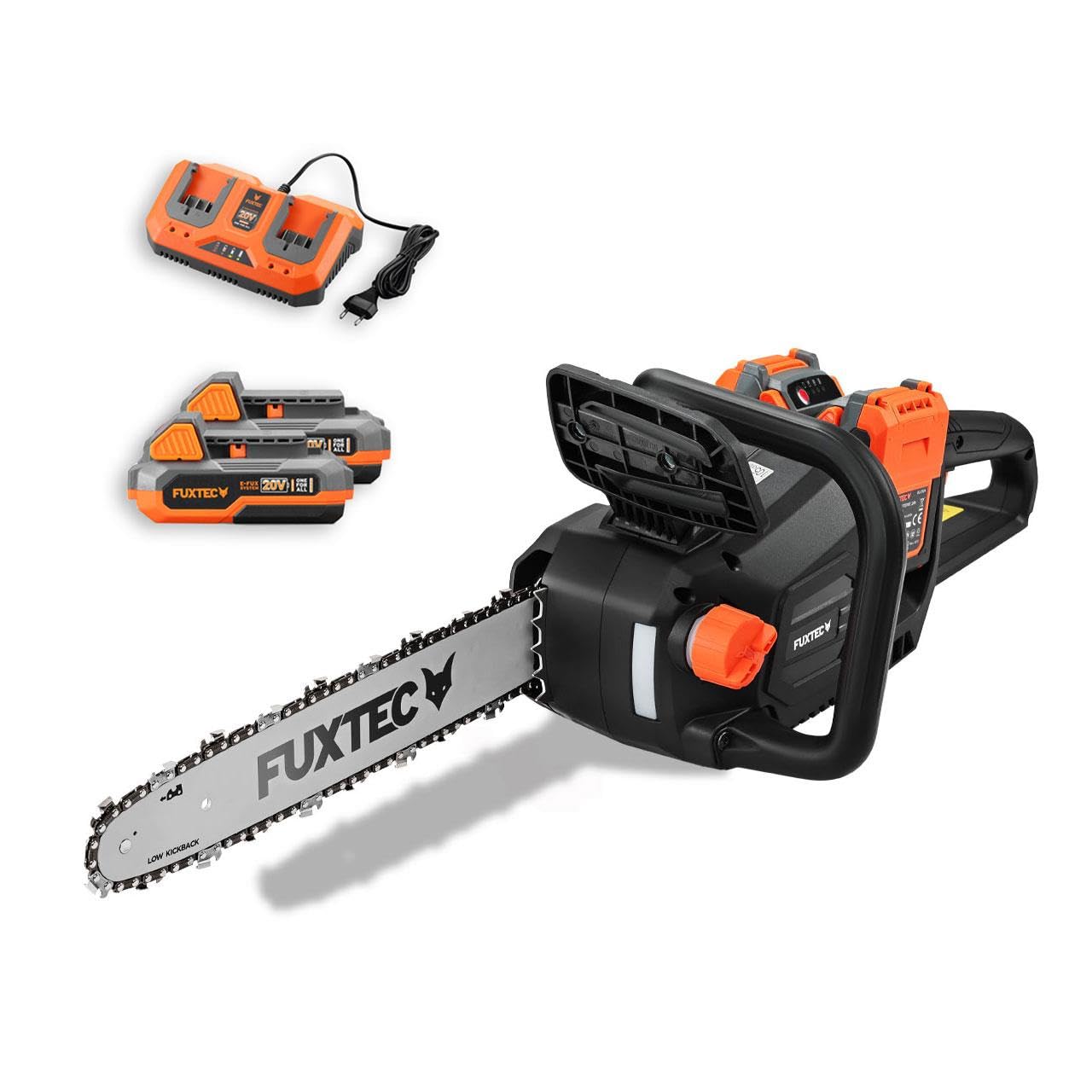 FUXTEC Motosierra a Batería 2x20V FX-E2KS SET – Espada de 35 cm, 4,2 kg, Velocidad de Cadena 15 m/s, Incluye 2 Baterías 2Ah y Cargador Dual