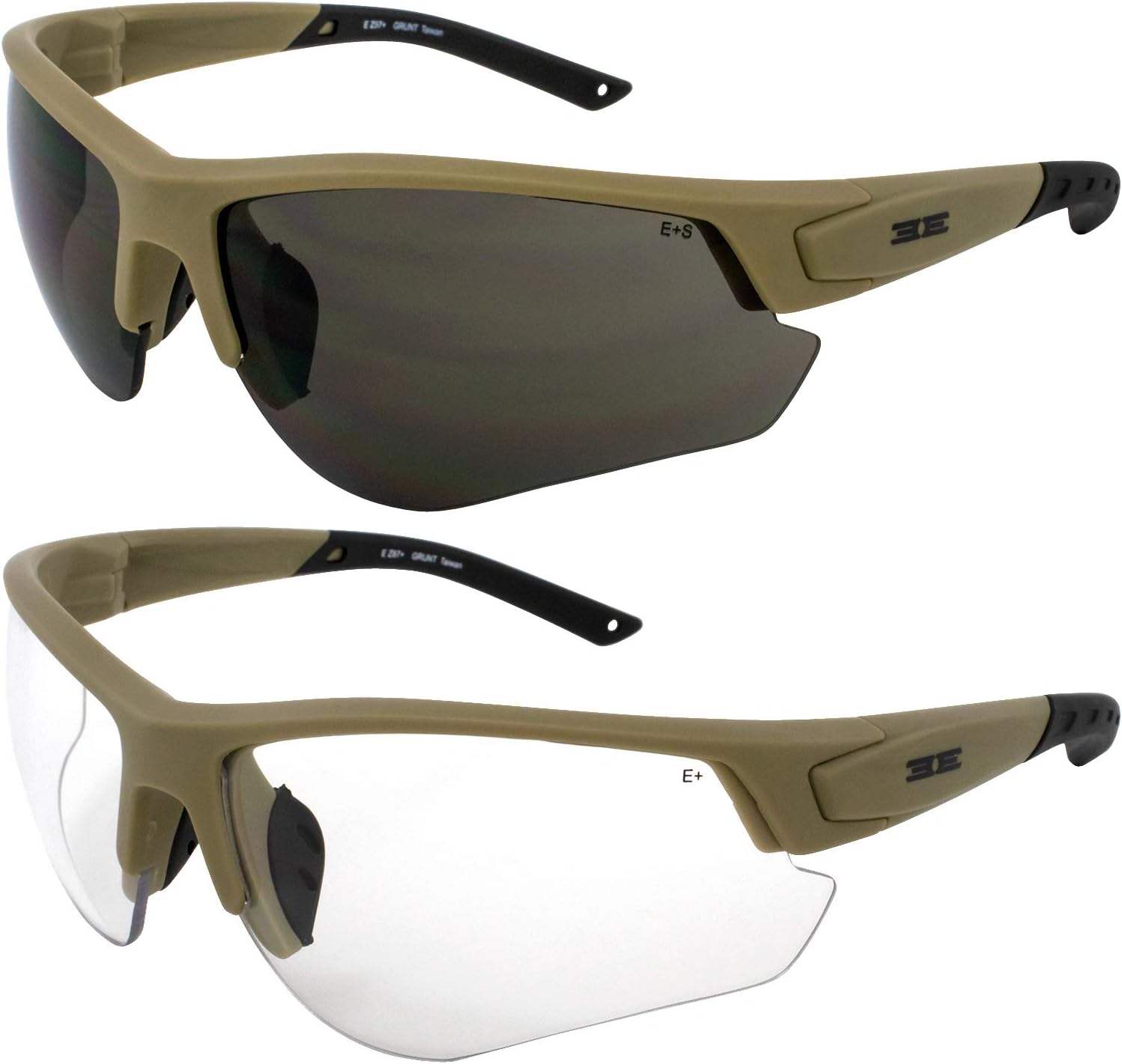 Epoch Eyewear Grunt Tactical Shooting Range Safety Sunglasses 2 Pair Tan Frames Smoke & Clear Lenses