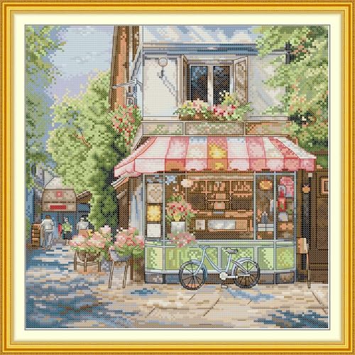 Image of CrossNest 14CT Counted Cross Stitch Kit for Beginners, Unprinted Complete DIY Embroidery Set with Pattern & Tools, Premium Aida Cloth & Threads (Corner Store)