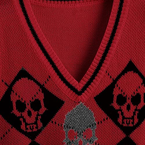 Image of jinghuiyue Women's Sleeveless Sweater Vest Halloween Skull Printed Knit Vest V Neck Crop Pullover Knitwear Tank Tops