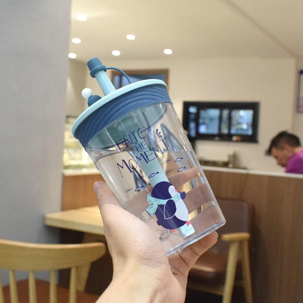 NC Botella de agua de plástico de 450 ml con dibujos animados de paja de pingüino delfín taza de beber portátil taza creativa