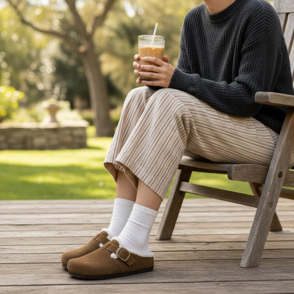 CUSHIONAIRE Haven Genuine Leather Clogs for Women – Faux Fur Lined Slip-On Womens Shoes with Cork Footbed and Adjustable Buckle - Image 6