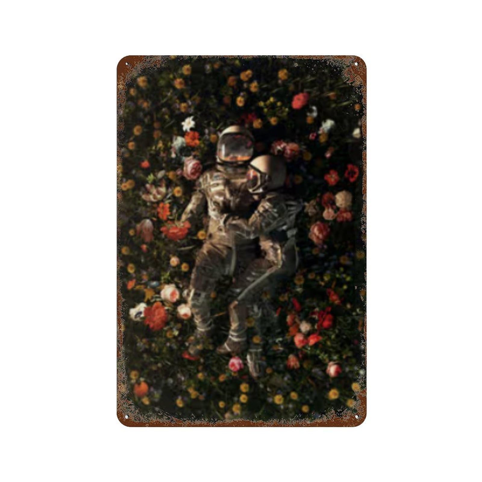 Rust Effect Astronauts in Flowers Aged Metal Wall Plaque 11.8"x7.9", Old School Wall Decor for Patio, Garden Room And Bar Decor