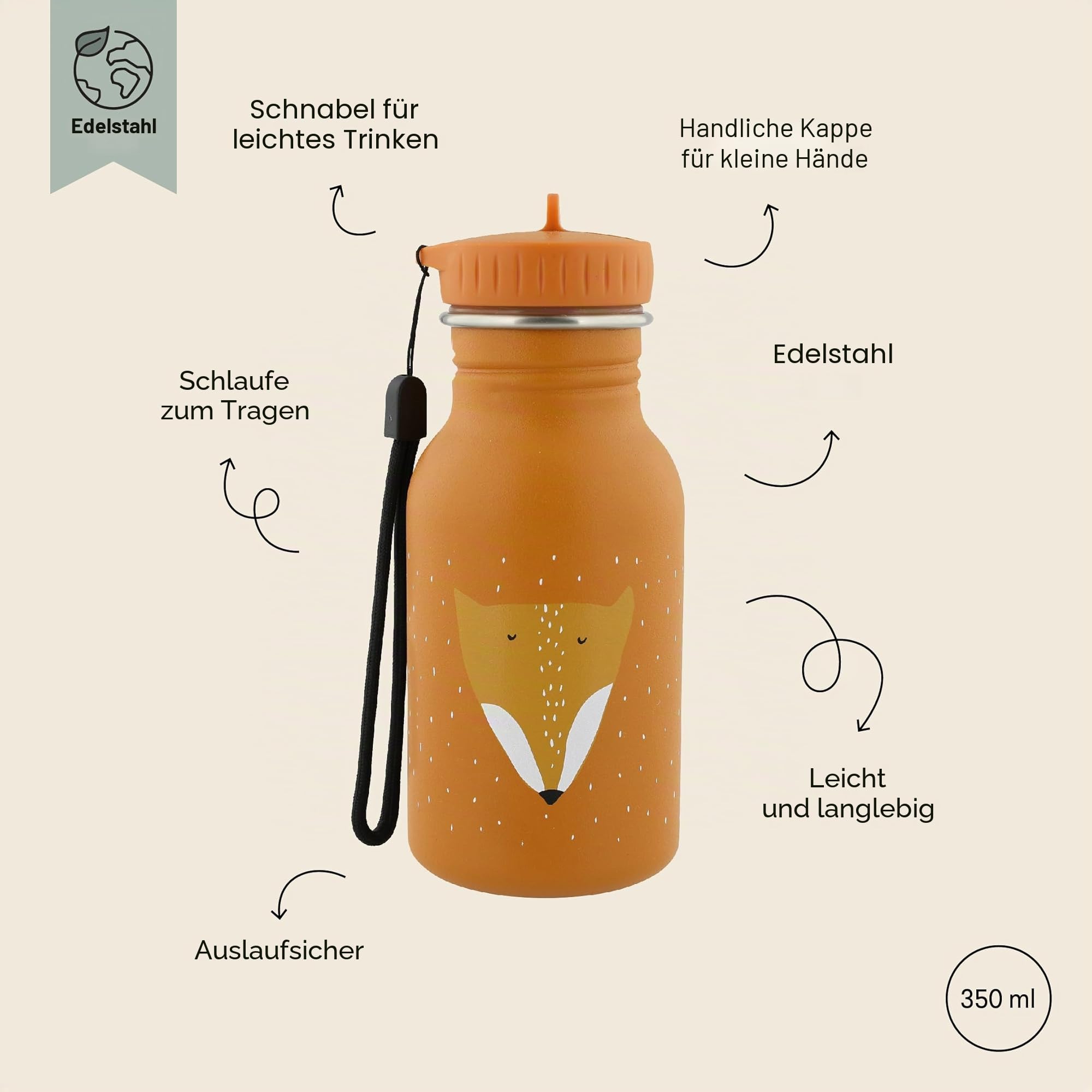 Trixie Baby Trinkflasche aus Edelstahl, Kinder-Trinkflasche, Auslaufsicher, mit Tragekordel, Schlanke Form für Kleine Hände, Bruchsicher, ab 3 Jahren (Mr. Fox, 350ml)