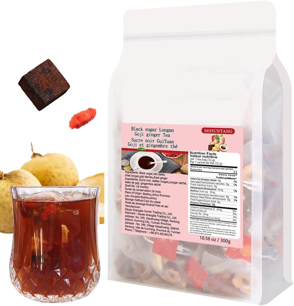 Black sugar Longan Goji ginger Tea 10.58 oz Sweet flower and fruit tea (12gΓ25packets) ι»η³ζ‘εζΈζε§θΆ300g | Traditional Combination Formula, Scientific Proportion Matching, Ginger Flavor Black Sugar, Simple Brewing, Ready To Drink