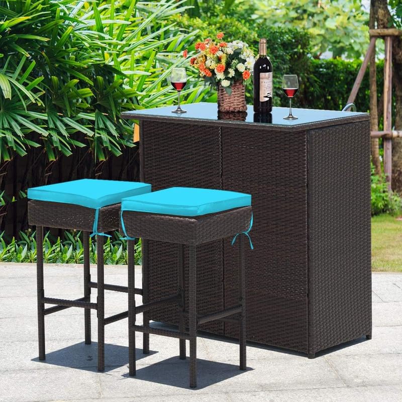 Image of OUTLIVING Patio Rattan Wicker Bar Table with Glass Top and 2 Cushion Stools | Multipurpose 2 Seater Outdoor Bar Set Furniture for Garden, Backyard, Poolside, Home and Lawn (Brown-Turquoise)