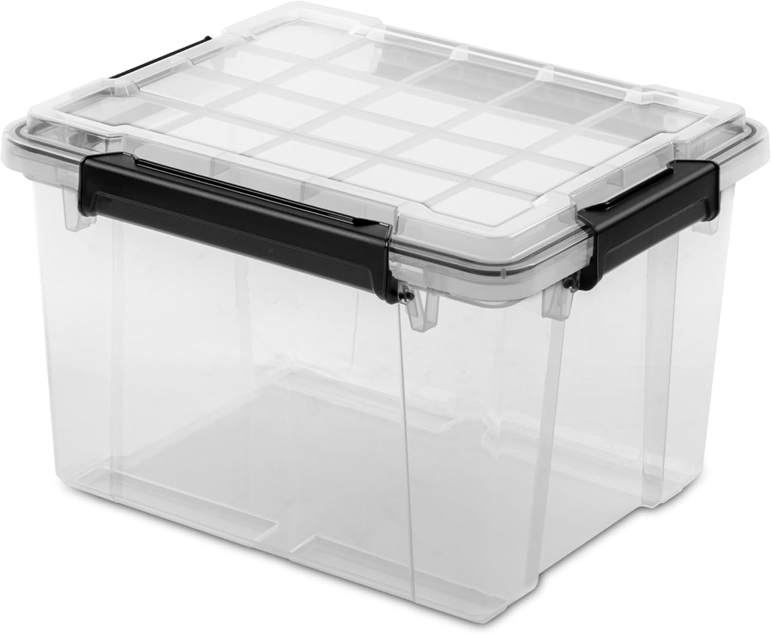 Sterilite 4 Pack 34 Qt Gasket Box, Clear Stackable Plastic Storage Container with Lids, Black - Waterproof and Dustproof Tote for Home Organization