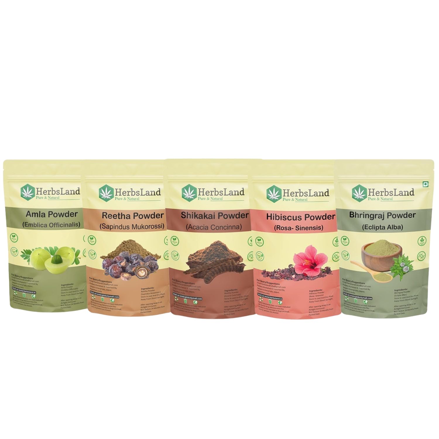 HerbsLand® Pure Bio Organic Amla Reetha Shikakai Bhringraj Hibiscus powder for Hair Growth with Anti-Dandruff Treatment | Natural conditioning (50 gm Each) (250 gm)