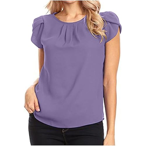Short Sleeve Tops for Women Round Neck Solid Color Chiffon Blouse Tops Trendy Casual Shirt Tops Loose Comfy Tee Tops