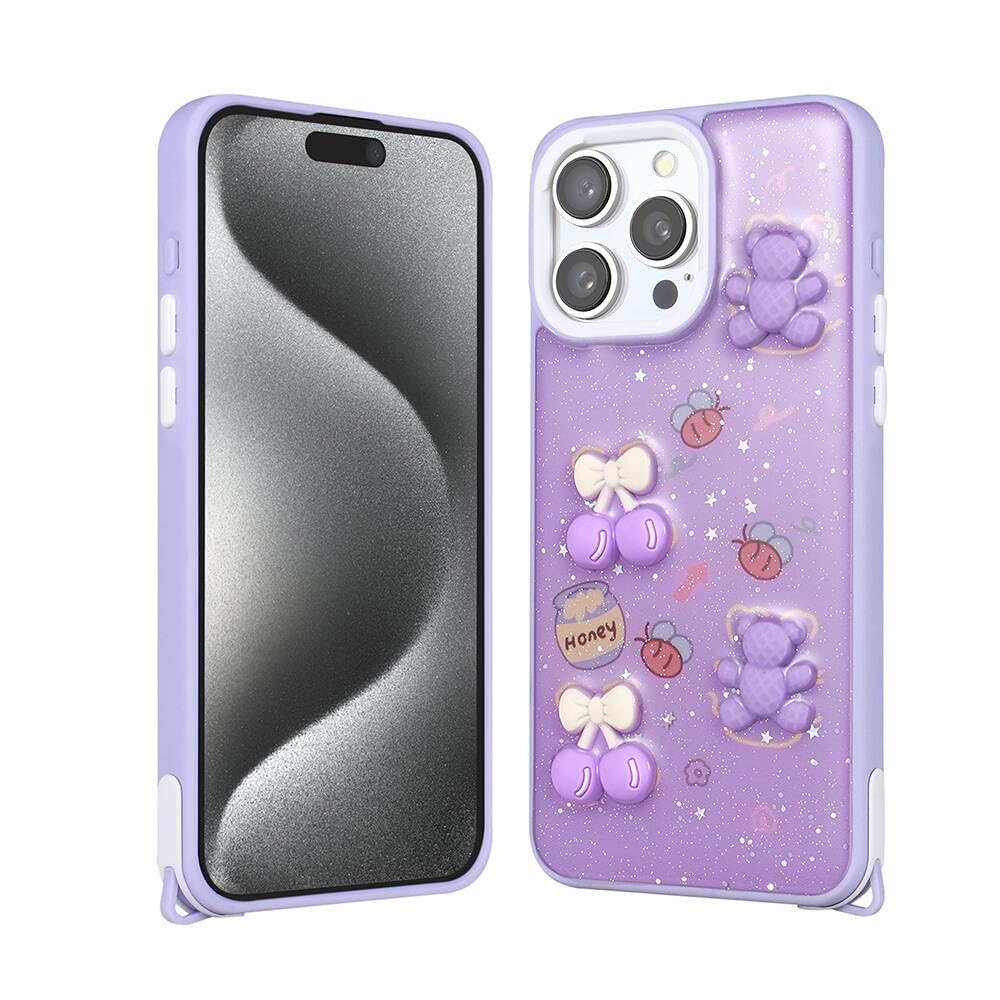 Zore Apple için uyumlu iPhone 15 Pro Max Kılıf Parlayan Simli Kabartma Figürlü Zore Cevze Kapak Mor Ayı