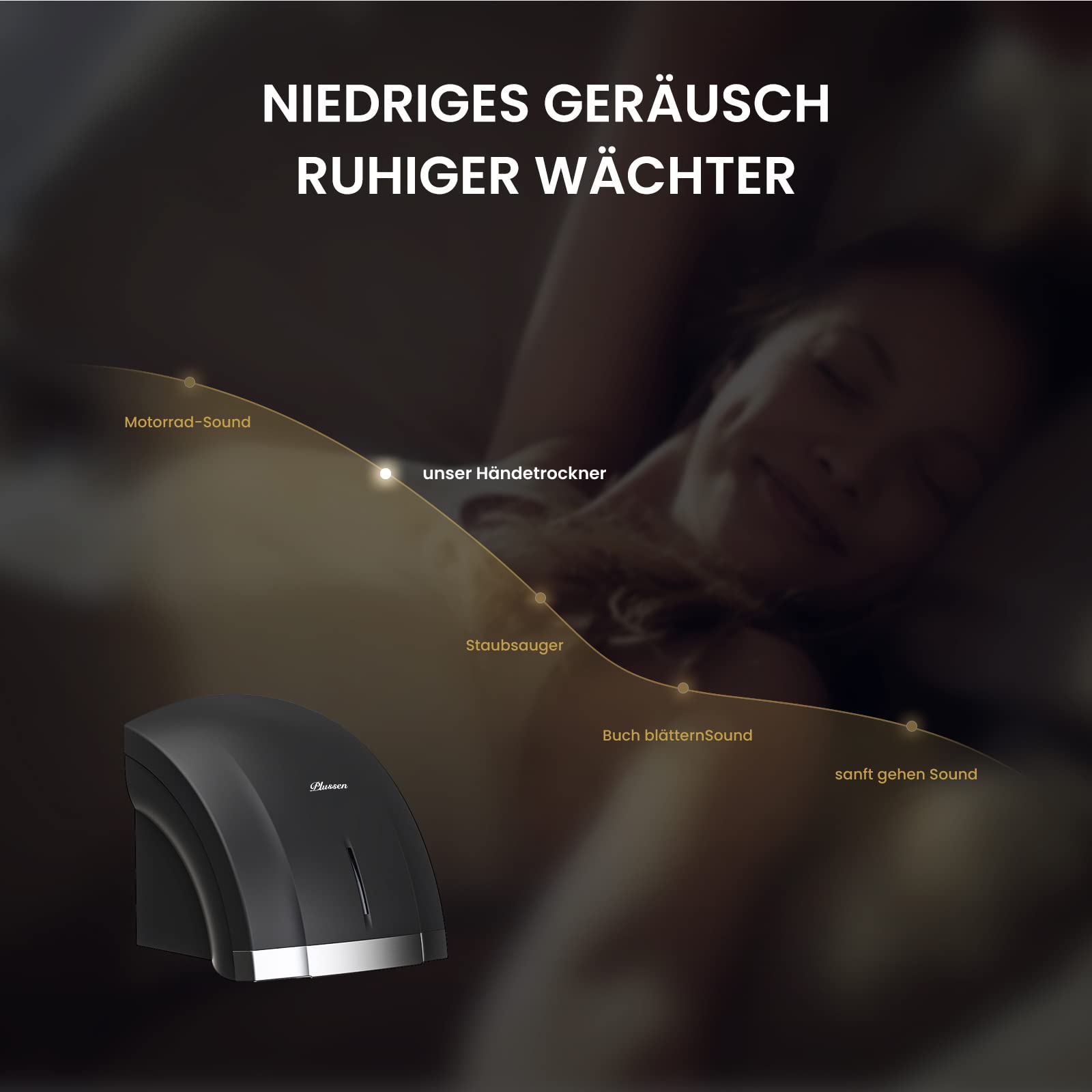 PLUSSEN Asciugamani Automatico Elettrico Hotel Asciuga Mani ad Vento Caldo e Freddo da Parete Bagno con Sensore Fotocellula, a Basso Rumore (40 Db), Coperchio Compatto in ABS, 220-240V (nero-1003)