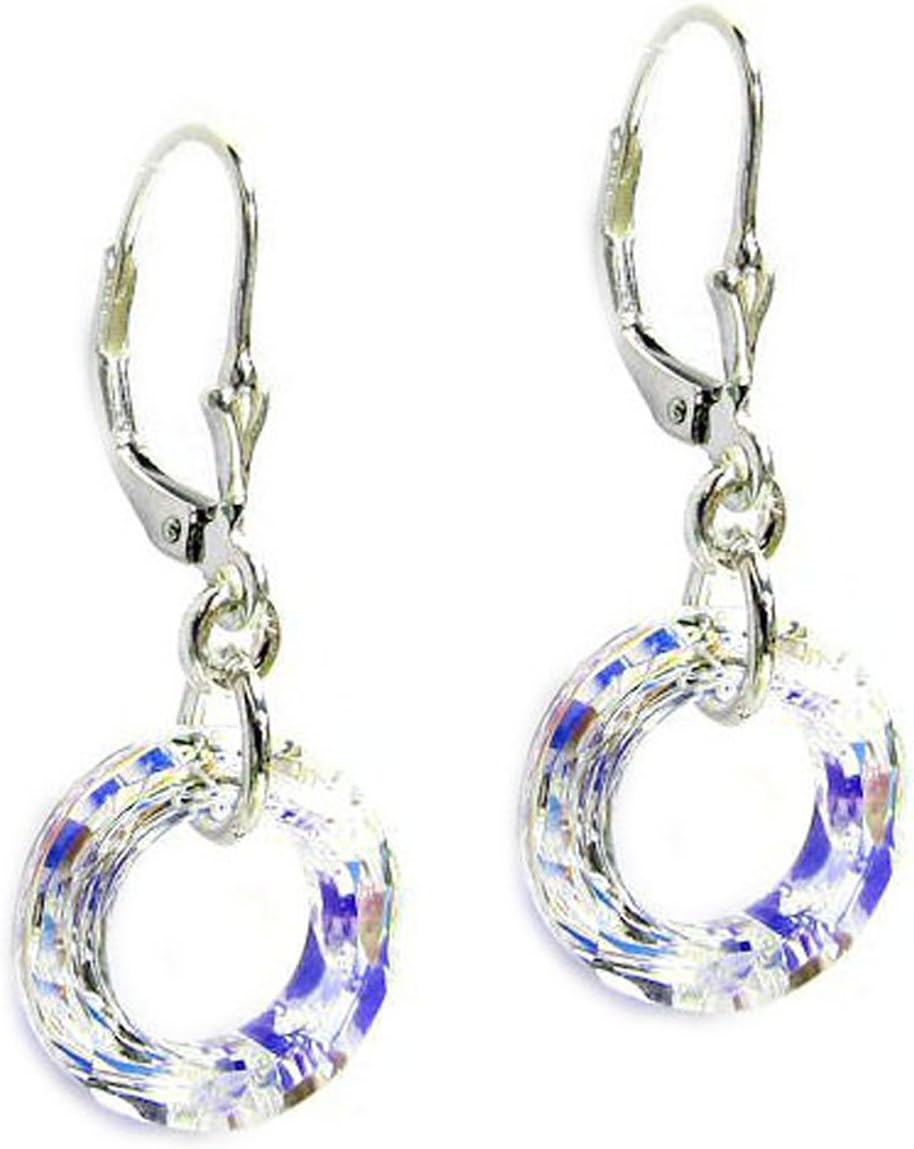 Sterling Silver Donut Austrian Elements Leverback Dangle Earrings